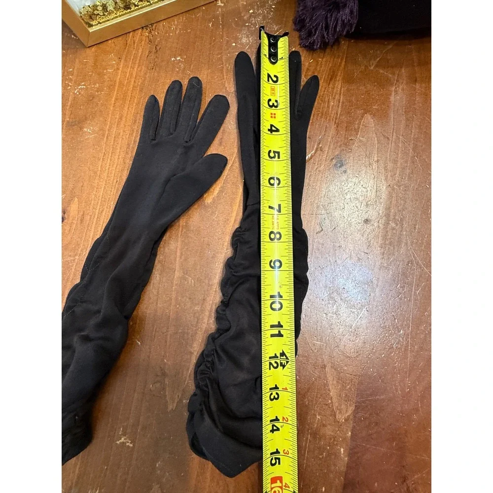 Vintage Black Opera Length Ruched Evening Gloves Matte Formal Wedding Costume